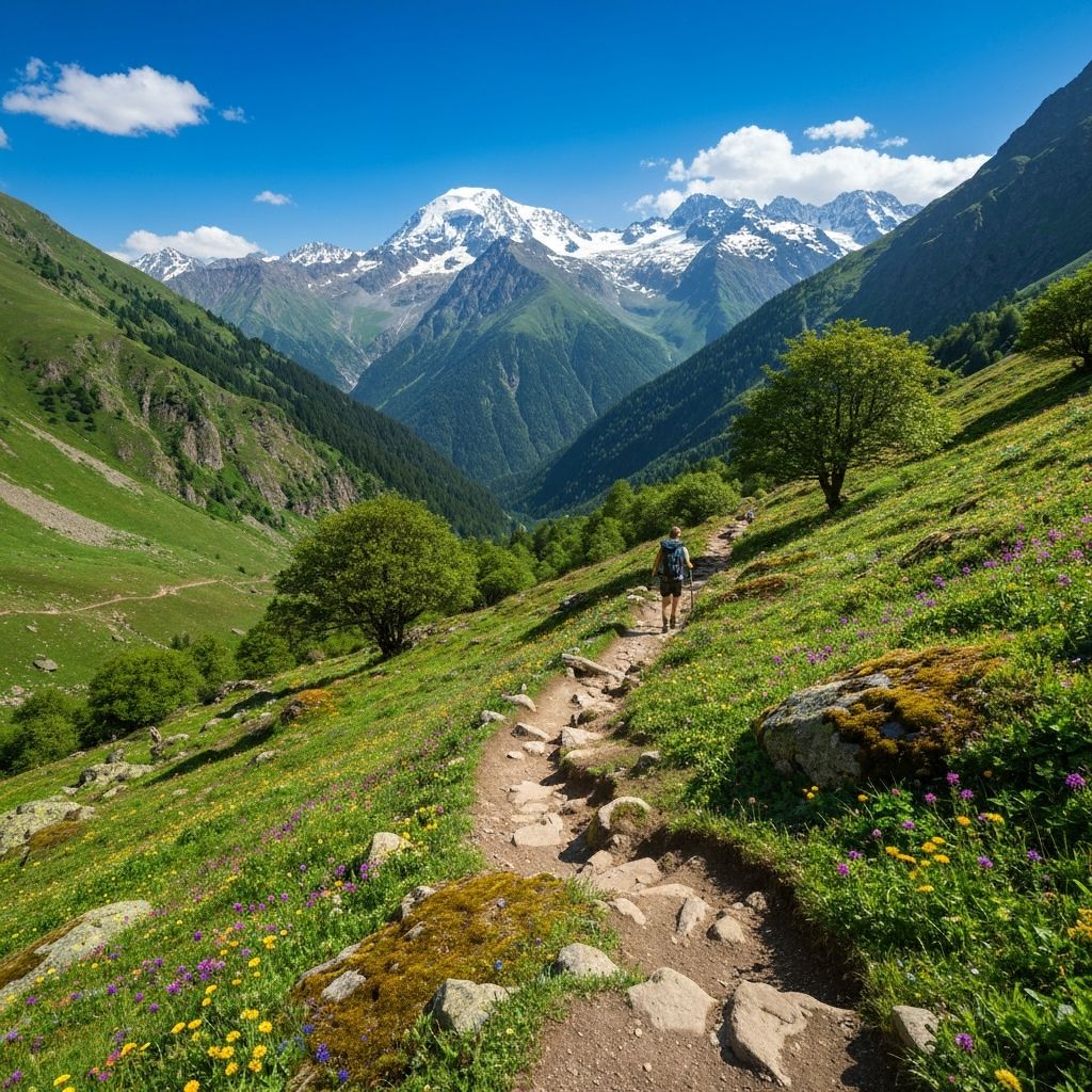 Hiker walking along Caucasus mountain trail near Telavi